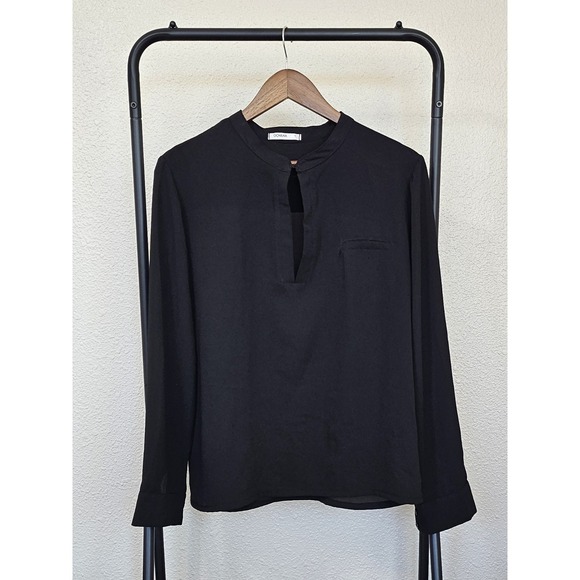 Govana Tops - Women's Sheer Long Sleeve Blouse Govana Black Button Neck Front Pocket